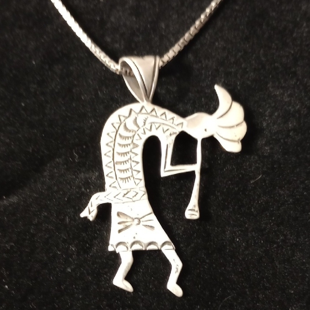 Native American Sterling Silver Kachina Kokopelli Pendant Necklace Signed AJM